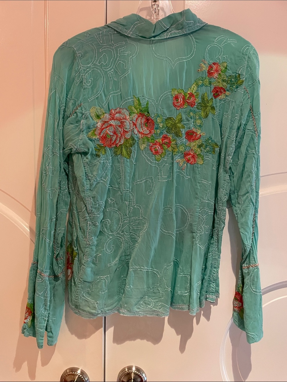 Embroidered Floral Button-Up Shirt - Mint Green - Picture 3 of 3